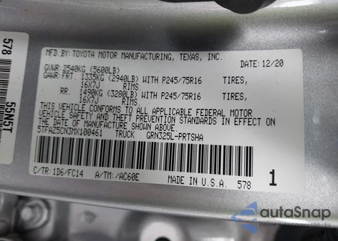 2021 Toyota Tacoma Sr5 V6 из США, поврежденный, VIN 5TFAZ5CN3MX100461